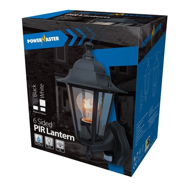POWERMASTER 6 SIDED BLACK ALUMINIUM WALLLANTERN WITH PIR