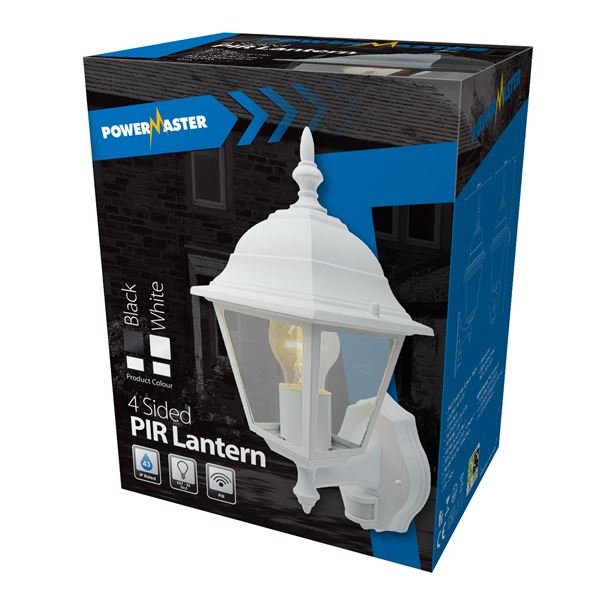 POWERMASTER 4 SIDED WHITE ALUMINIUM WALL LANTERN WITH PIR